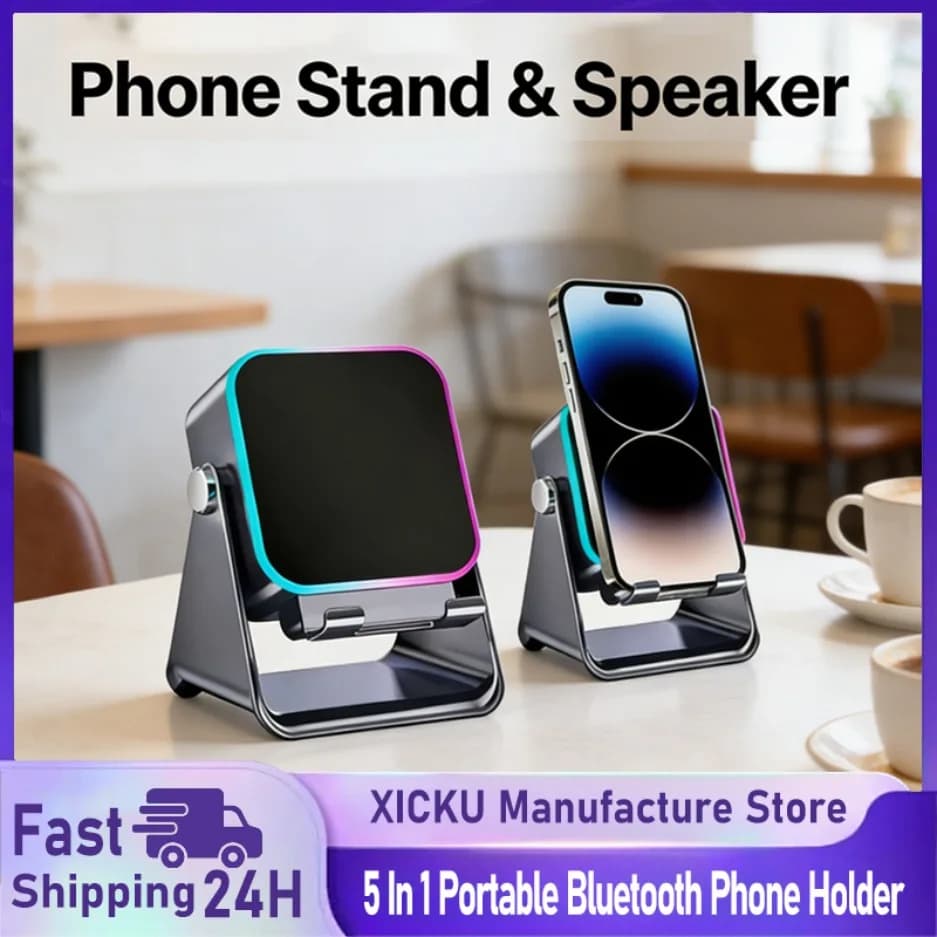 5 In 1 Portable Bluetooth Phone Holder Auto-induction Wireless Induction Speaker 8 Mode RGB Light Phone Stand Surround Sound