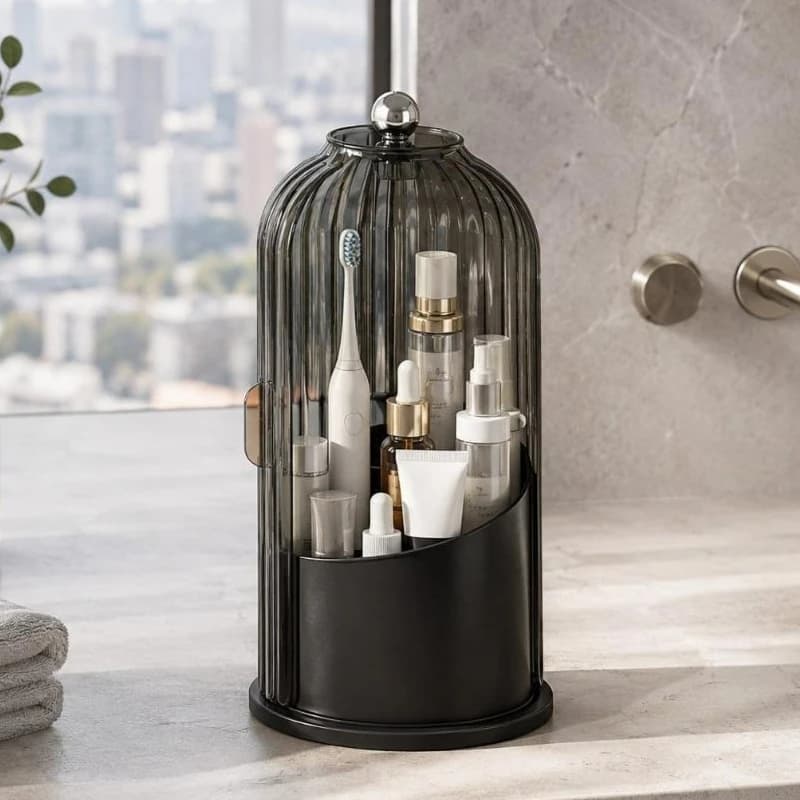 Makeup Brush Holder Organizer With Lid,360 Rotating Dustproof ABS Storage Caddy,3 Slots Sliding Lid Toothbrush Holder With Non-Slip Base,Multi-Use Space-Saving Organizer For Makeup Brushes Toothpaste,Perfect For Vanity Bathroom Home Dorm Apartment