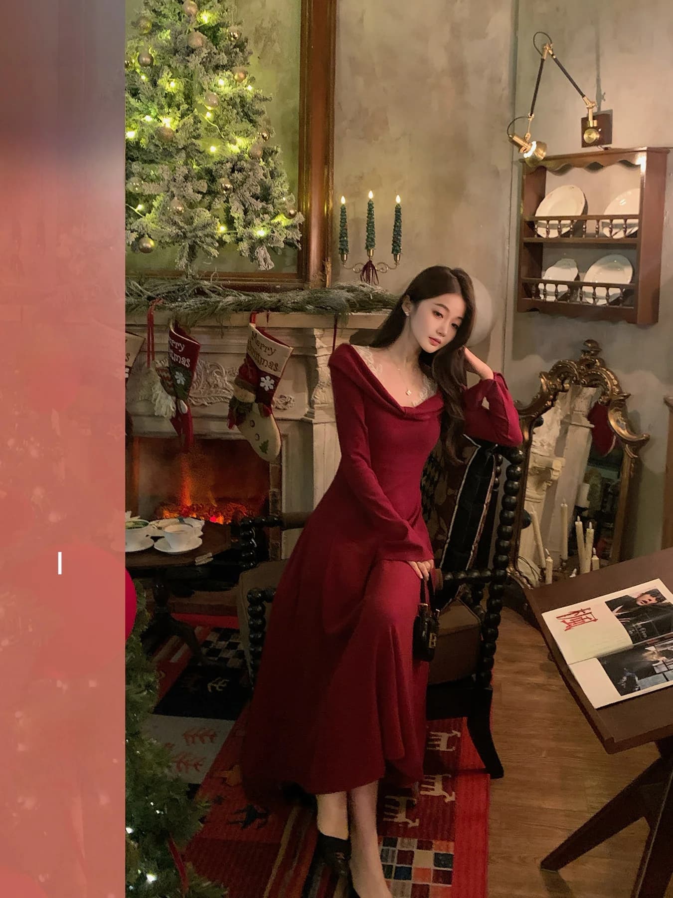 Abito in maglia con scollo a V in pizzo Huangzuozuo, gonna lunga da donna, moda invernale, business casual, per il pendolarismo urbano, in fibra di poliestere