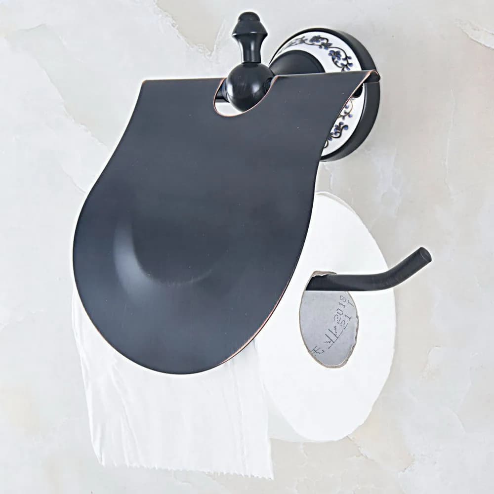 Accessori per il bagno Portarotolo di carta igienica a parete con base floreale in ceramica in ottone lucidato a olio nero aba058