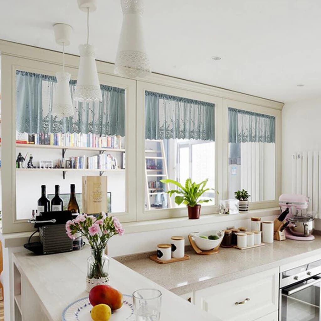 Modern Short Curtain Valance Sheer Embroidered Lace Window Tiers Shade for Small Kitchen or Cafe Window