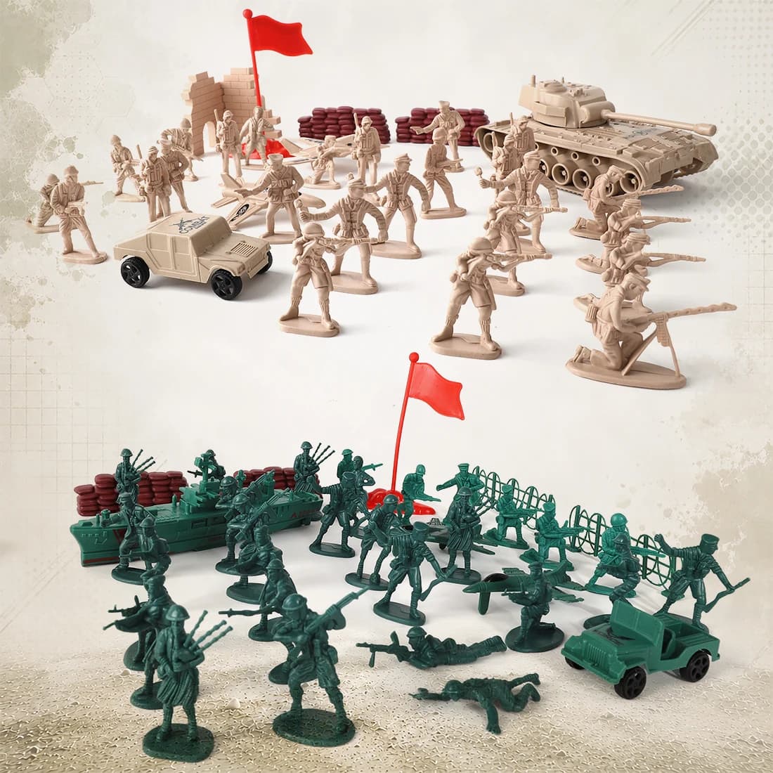 ViiKONDO 70 PCS Military Playset Green VS Tan Soldier Battlefield Armored Vehicle Tank Fighter Warship Model Tabletop Wargaming