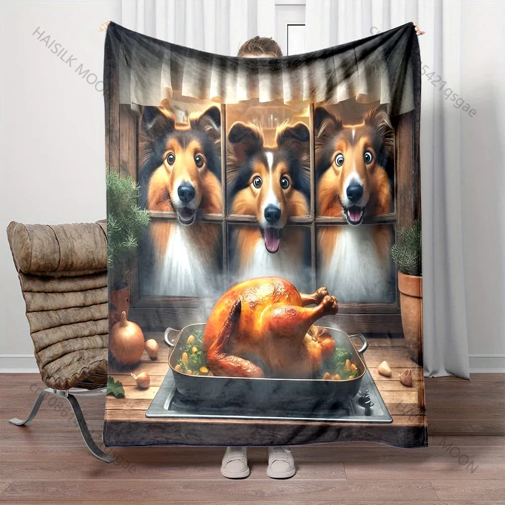 Cani affamati che guardano il pollo Coperta con motivo in flanella Materiale morbido e caldo per tutte le stagioni, campeggio all'aperto a casa, picnic, camper