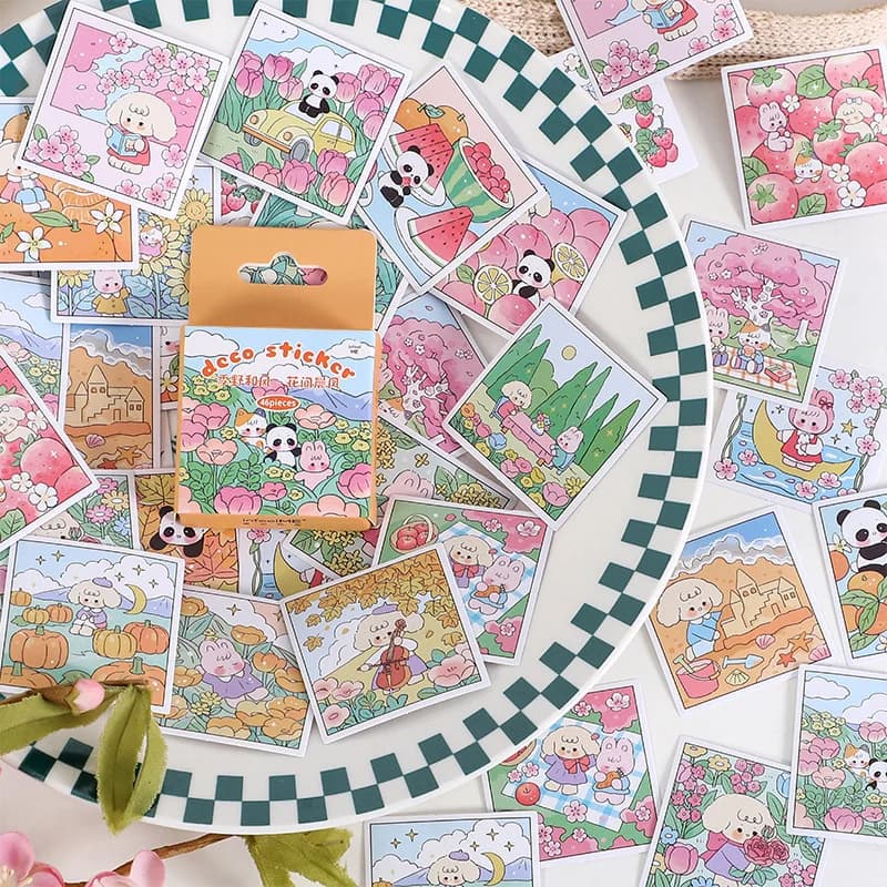 46pcs Cute Cartoon Animal Flower Decorative Boxed Stickers Scrapbooking Label Diary Stationery Album Phone Journal Planner
