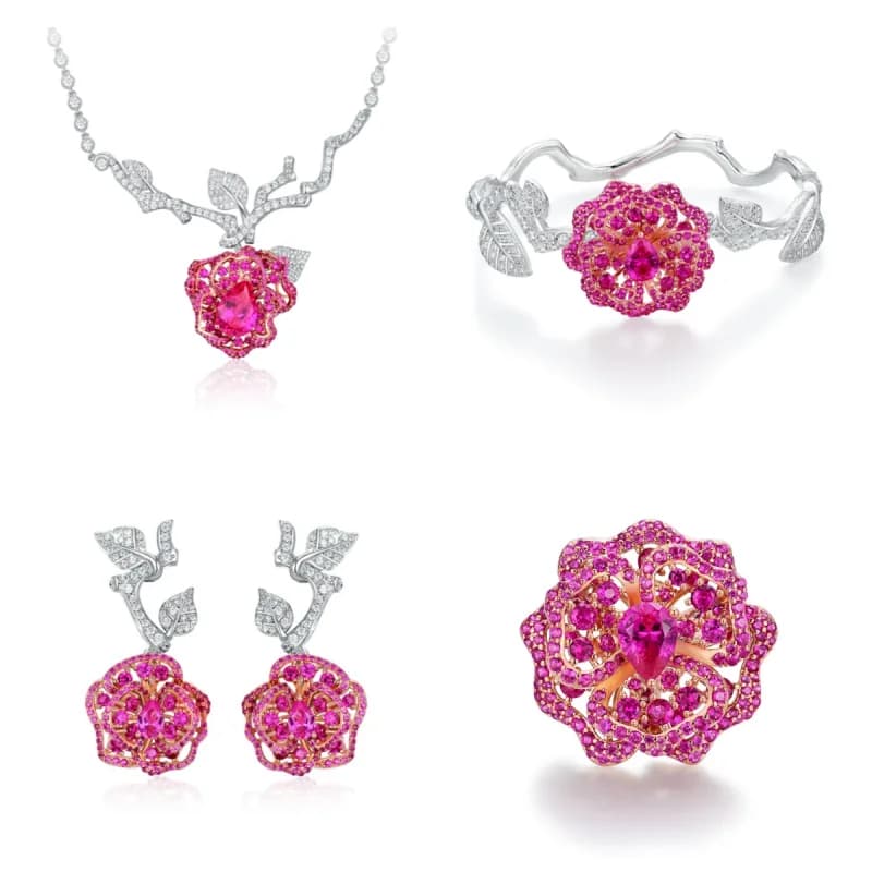 BELLUX 925 Silver Zircone Synthetic Necklace Bracelet Pink Ring Earrings Fashion Jedi Ruby Set Jewelry