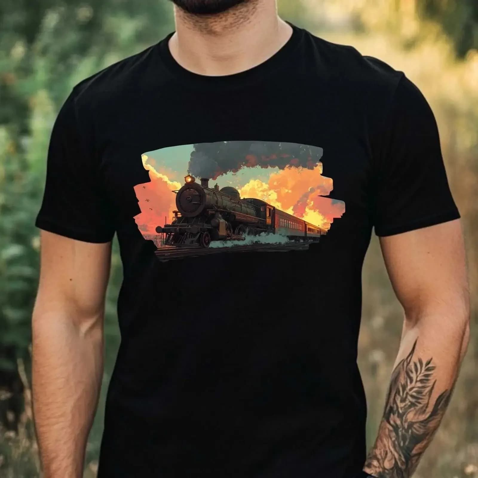 T-shirt da uomo con motivo locomotiva in cotone, taglie dalla XS alla 5XL, vintage, effetto lavato, traspirante, comoda, elegante.