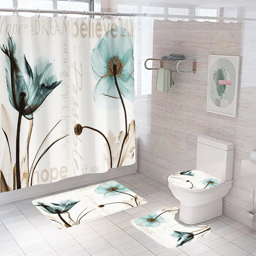 Wholesale Washable Shower Curtain Set 3D Digital Print Flower Bath Shower Curtain