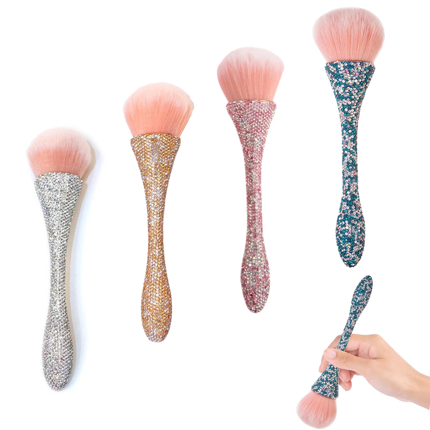Pennello per spolverare le unghie incrostato di diamanti multicolori, pennello per strumenti per la rimozione di polvere per unghie acrilica per salone di bellezza o trucco quotidiano domestico.
