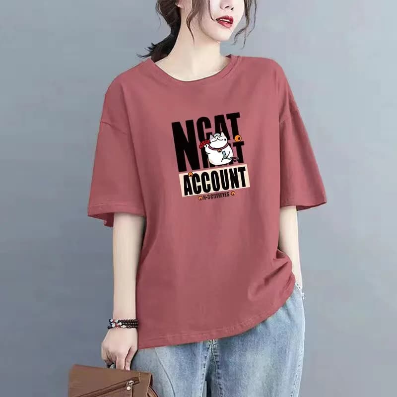 Summer New Loose Women's T-shirt Short Sleeve round Neck Printed plus Size Slimming Concealing Base Layer Shirt Commute Style