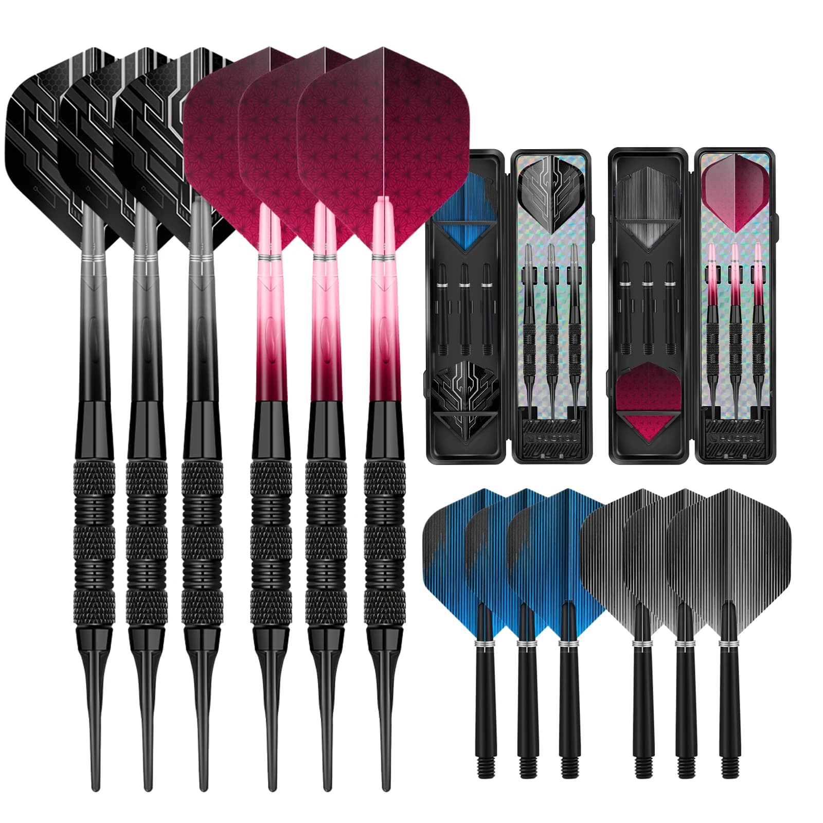 6Pcs Soft Tip Electronic Darts Set Iron Barrel Textured Grip Spare Shafts Flights Carry Case for Home Bar Club Party Game
