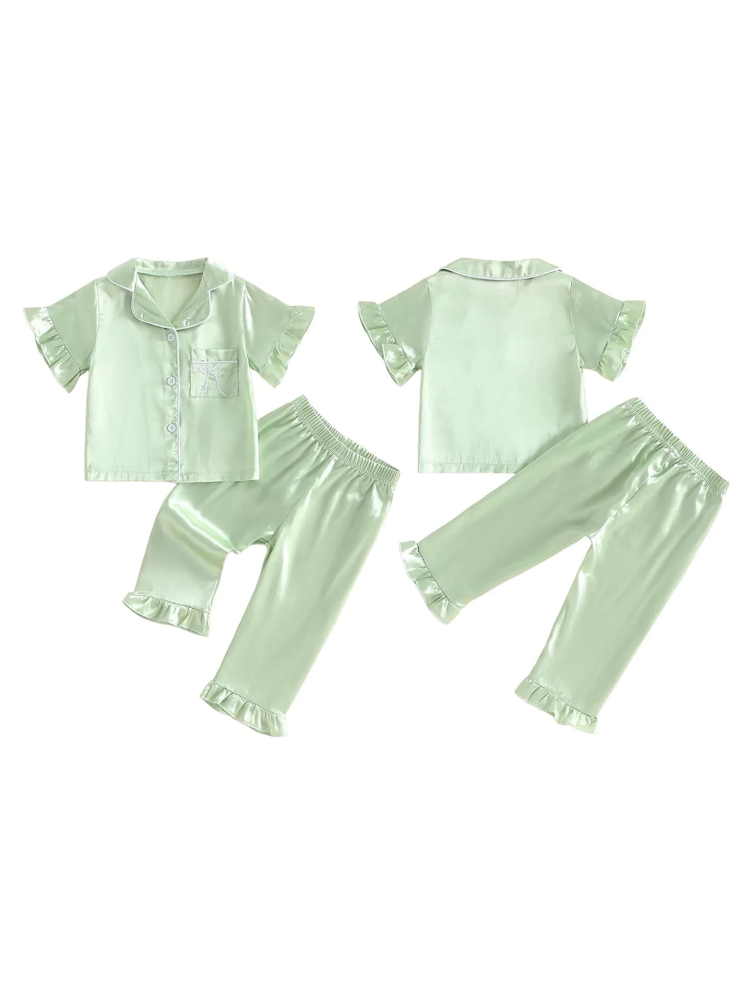 Set pigiama in raso per ragazze con delicato ricamo a fiocco, top a maniche corte e pantaloni con elastico in vita per un comodo abbigliamento da notte