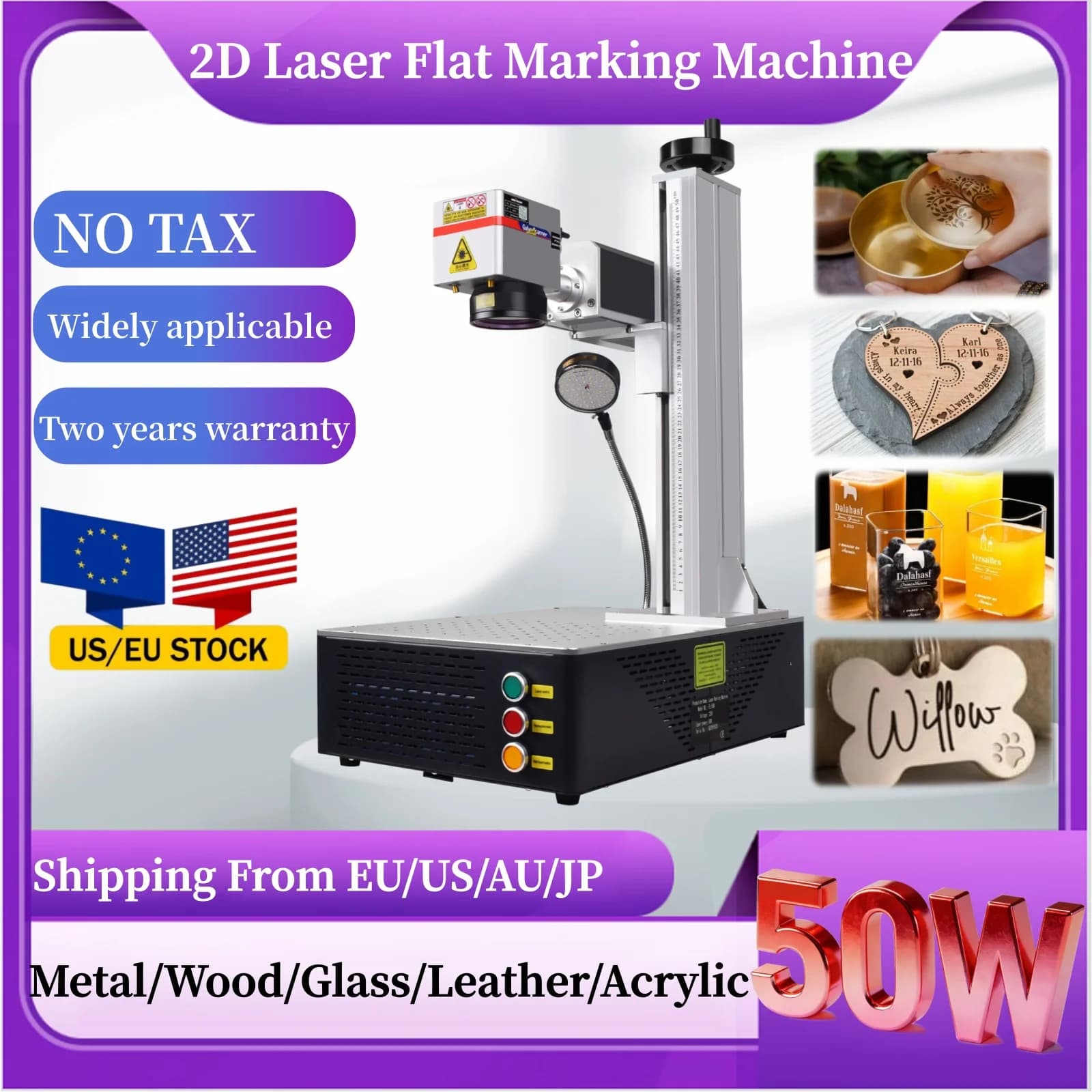 [EU/US] Raffreddamento ad aria 2D 50W QS Macchina per marcatura piatta laser e lampada Macchina per incisione laser Metallo Oro Nastro Legno Vetro Marcatura automatica
