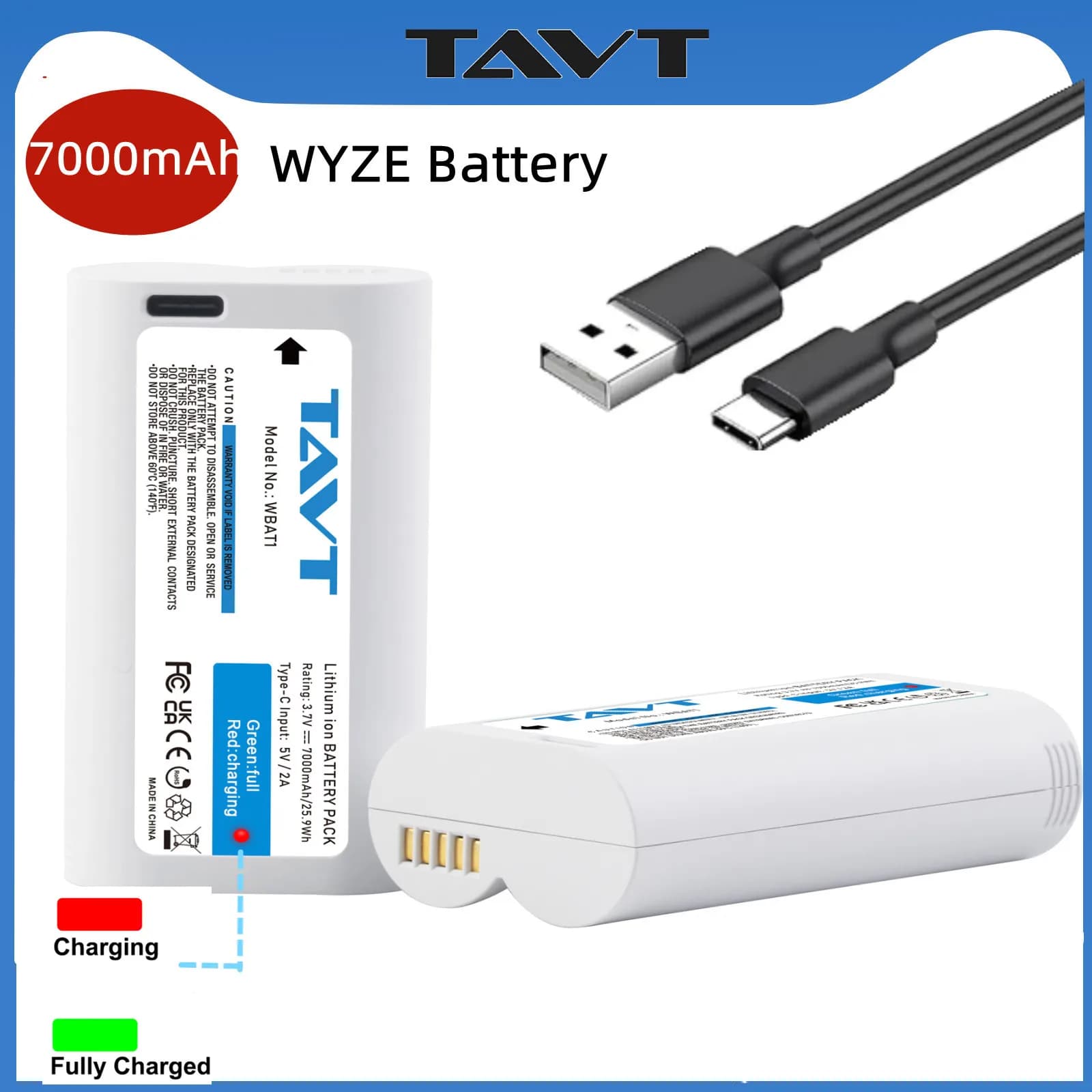 Batteria da 7000 mAh con porta di ricarica di tipo C per fotocamera WYZE Battery Cam Pro e Duo Cam Doorbell Cam Pro