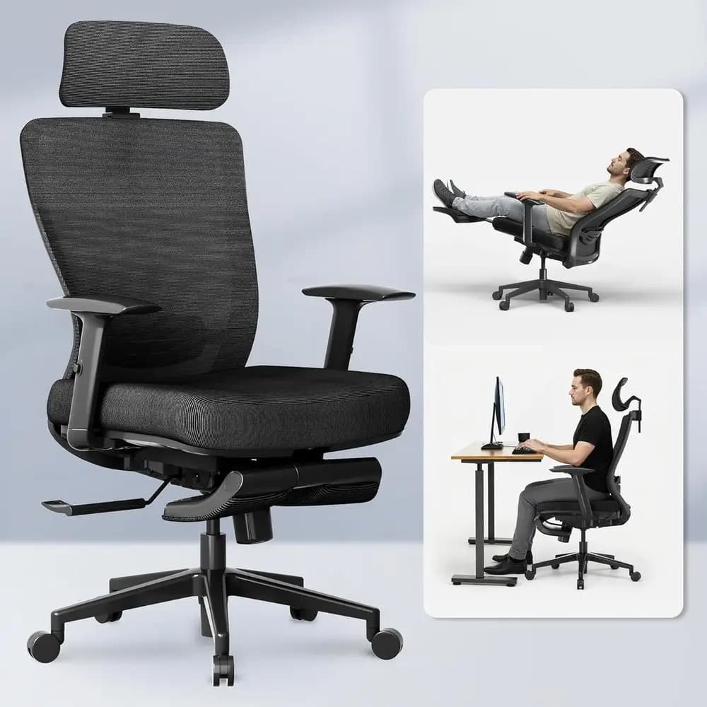 Sedia da ufficio ergonomica con schienale alto e poggiapiedi, supporto lombare regolabile, ideale per gaming e lavoro, nera, sedile imbottito