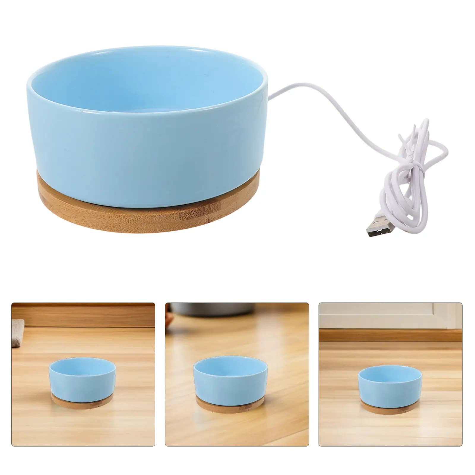 350Ml Heated Ceramic Cat Bowl Set Thermal Pet Feeder Bowl for Water Food Winter Indoor Outdoor Use Stable Wood Base Easy Clean