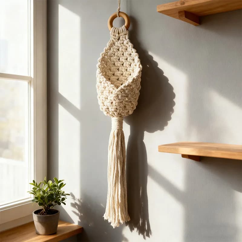 Cesto a Rete in Cotone Intrecciato con Nappe Boho, Appendiabiti da Parete, Porta Vaso per Fiori, Rete Decorativa per Piante Verdi da Giardino