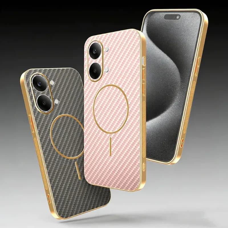 Cover in Pelle con Texture Fibra di Carbonio per Custodia MagSafe per Redmi Turbo 5 5Max 15 15C A5 Note 15 Pro Plus 14S 14Pro con Cornice Placcata