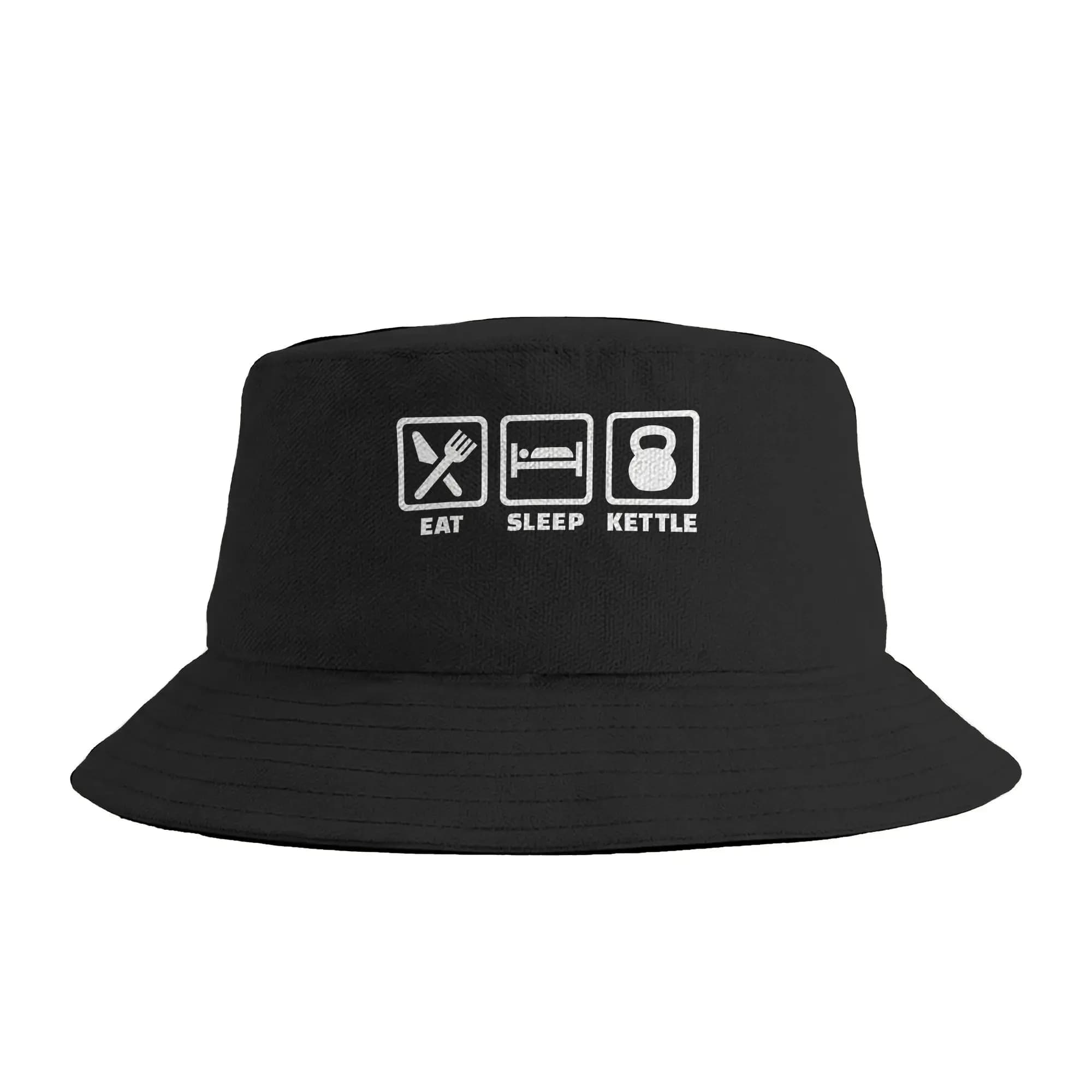 Eat sleep kettle kettlebell Bucket Hat Harajuku Fisherman Caps For Men Women Classic Beach Travel Sun Hats Breathable Cap