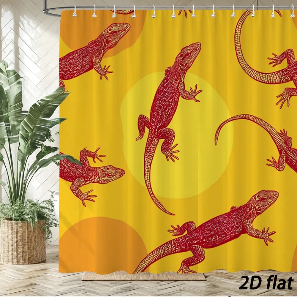 Tenda da doccia Red Lizard – Stampa grafica audace con rettili su decorazione da bagno in poliestere giallo 70,8x70,8 pollici, lavabile in lavatrice, 12 ganci