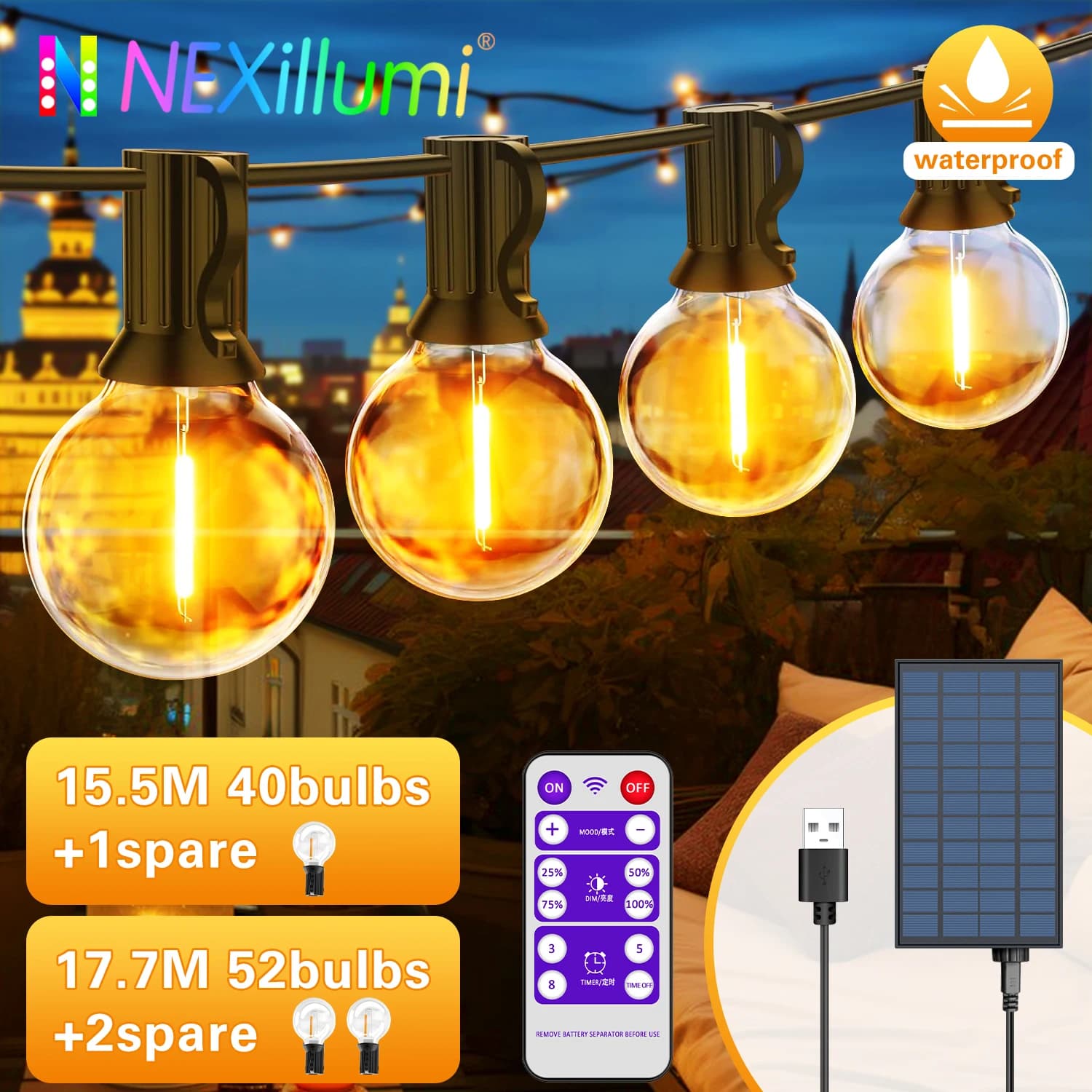 Luci a corda solari Luci da esterno G40 per patio, ricaricatore USB, 8 modalità di luce, lampadine infrangibili, lampada a sospensione resistente alle intemperie