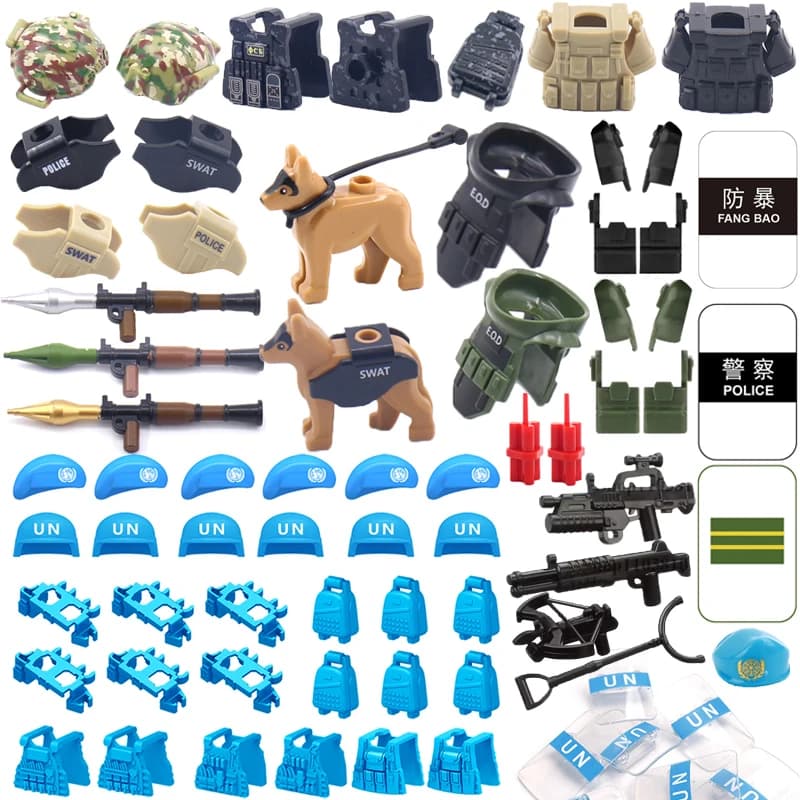 Blocchi da Costruzione Forze Speciali SWAT, Set Demolizione, UNPKF, Berretto, Gilet, Scudo, Scatola Armi, Pistola, Lanciarazzi, Cane Poliziotto, Mattoncini Giocattolo