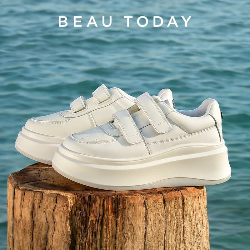 BEAUTODAY Scarpe da ginnastica bianche da donna in pelle sintetica con gancio e anello suola spessa scarpe sportive casual da donna autunnali fatte a mano 29778