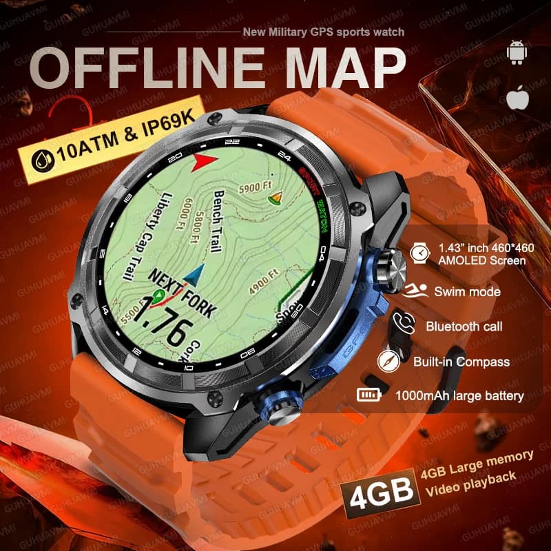 2025 Mappa offline militare Batteria da 1000 mAh Smart Watch 4 GB Grande memoria Navigazione GPS Lettore MP3/MP4 Swim Sports trackr Smartwatch