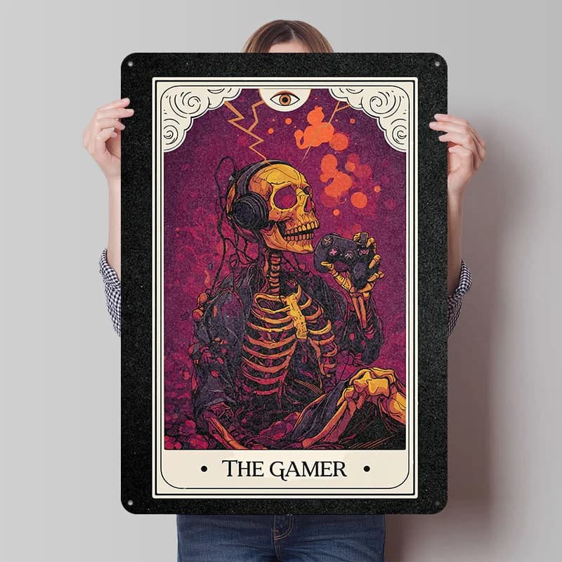 Poster in Metallo con Carte dei Tarocchi 'The Gamer Skeleton', Arte Murale Personalizzata, Insegne Vintage in Latta per Accessori da Stanza, Bar e Casa