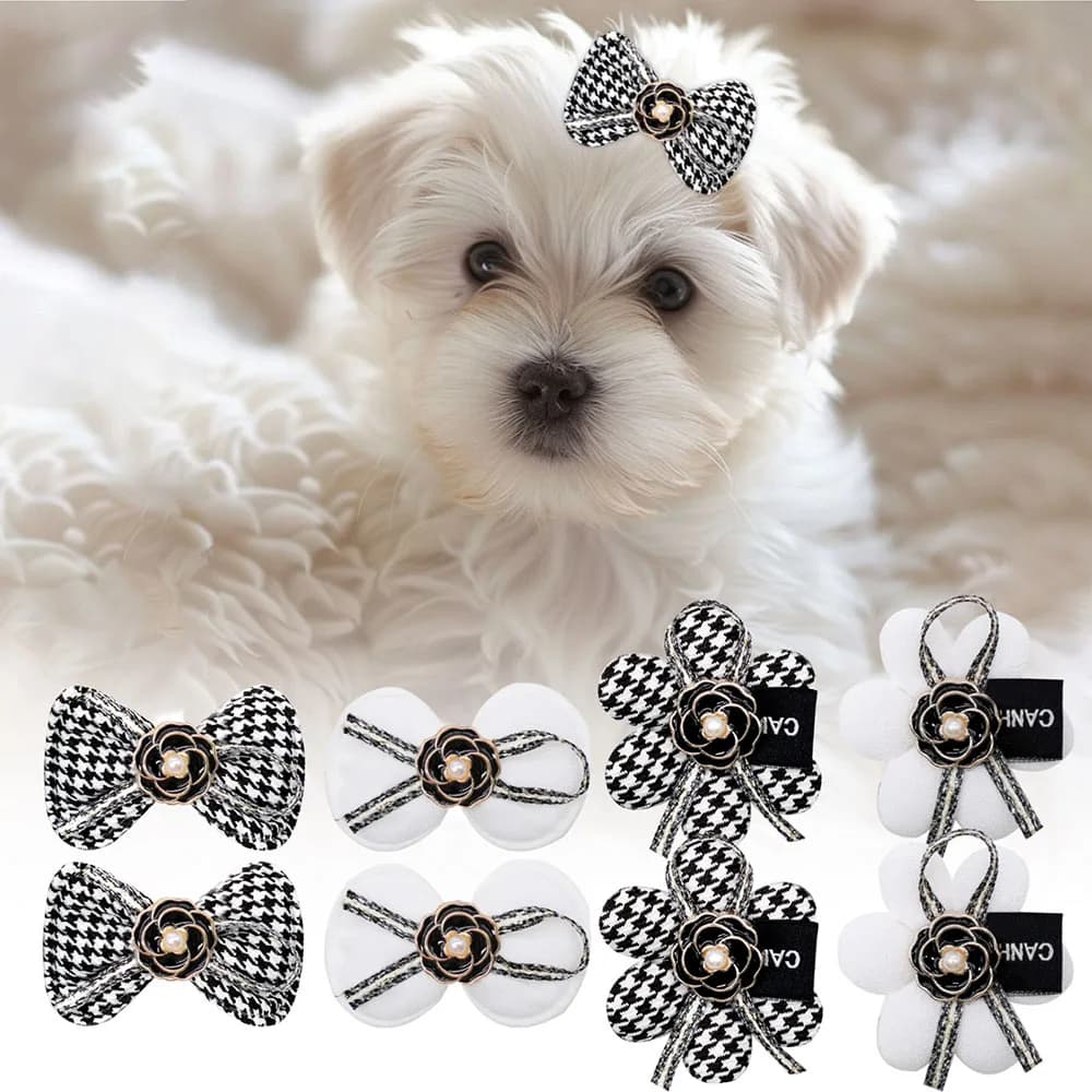 2PCS Fermagli per capelli per cani Archi per cani in bianco e nero con clip a coccodrillo Fermagli per capelli per gatti Archi per cuccioli Forcina Accessori per toelettatura animali domestici per cani