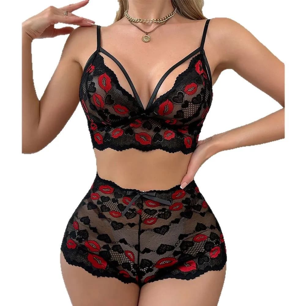 Set Lingerie Babydoll con Ricamo Labbra Rosse, Reggiseno e Slip in Rete Trasparente, Biancheria Intima Trasparente per Donne, Bustier in Pizzo con Pantaloncini