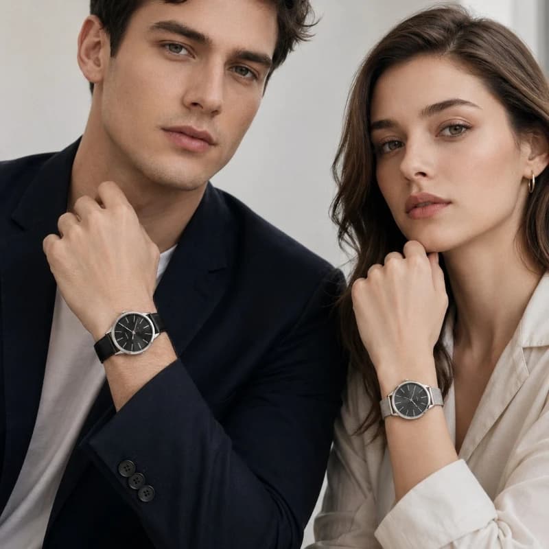 2 Pieces Fashion Couple Watch Set Simple Business Mesh & Leather Strap Quartz Analog Wrist Watches For Men Women Best Gift