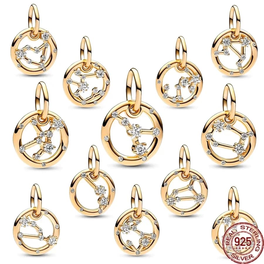 Nuovo argento 925 placcato oro 18 carati 12 segni zodiacali ciondola accessori con perline di fascino adatti braccialetto originale collana gioielli da donna fai da te