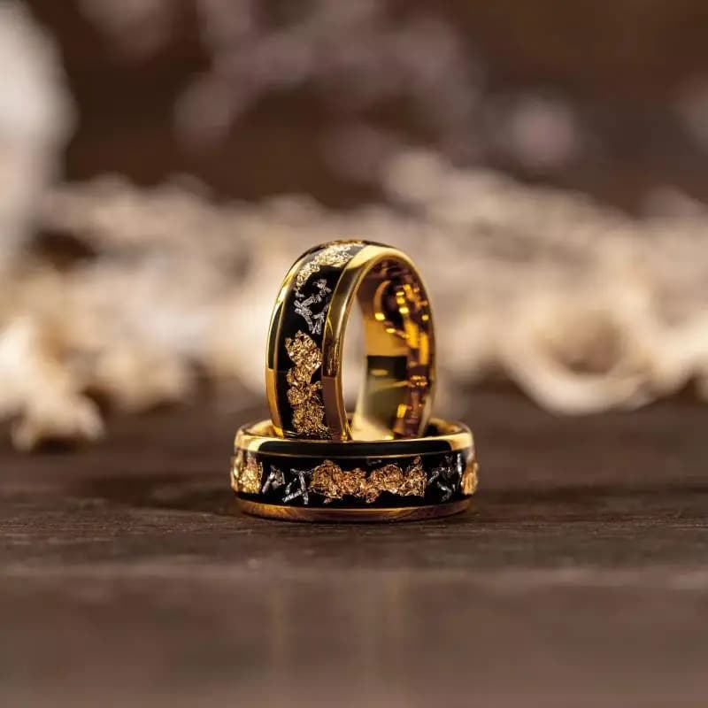 Anello da uomo con fiocco in foglia d'oro schiacciato con meteorite, fede nuziale da uomo, anello da uomo in tungsteno massiccio