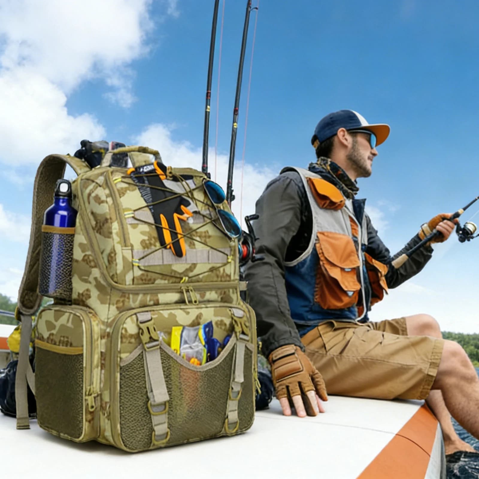 Zaino da pesca da 45 litri, borsa termica per attrezzatura da pesca con copertura antipioggia, borsa multifunzionale per campeggio, escursionismo e attività all'aperto con 4 scatole