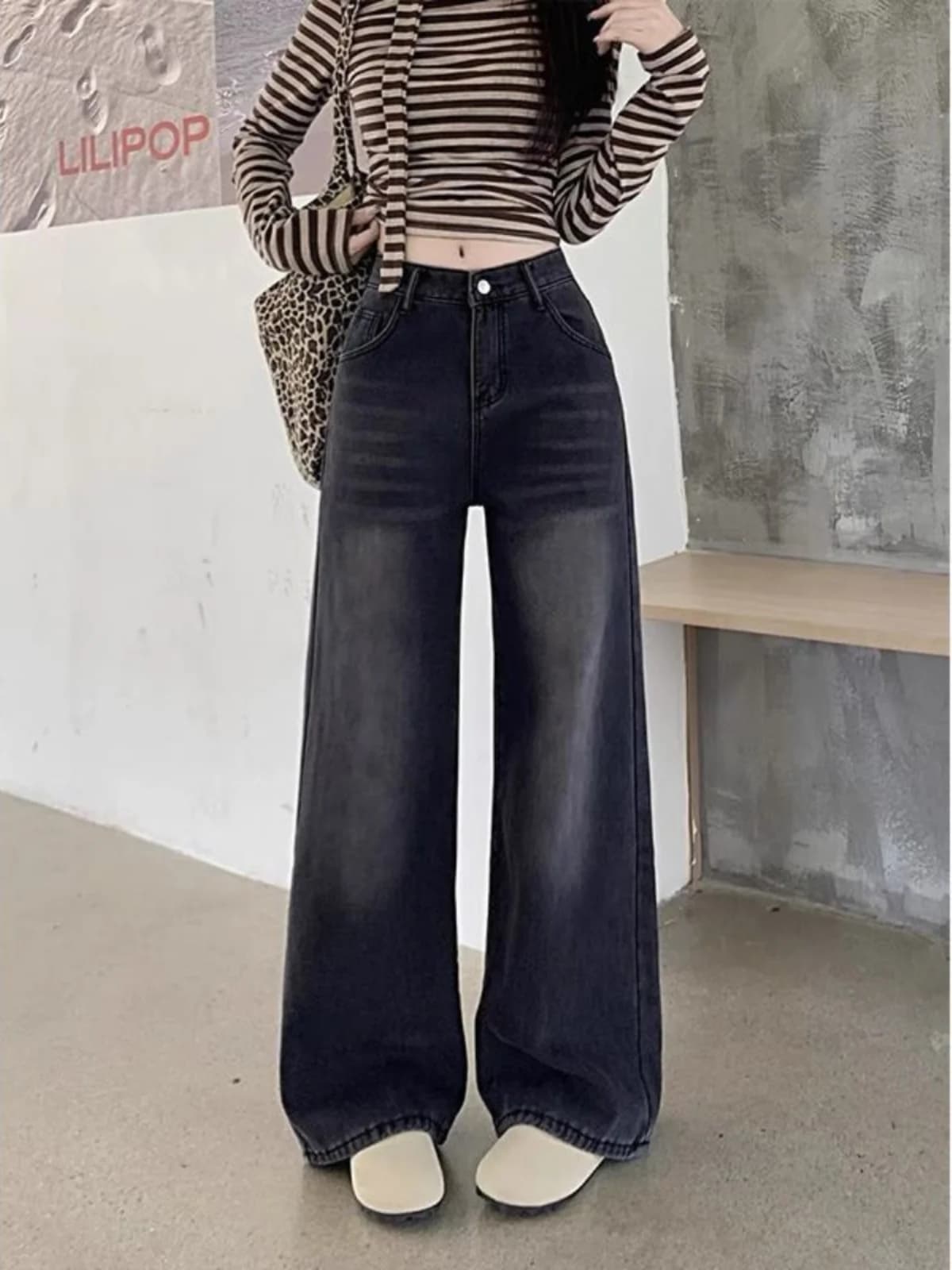 High Waist Wide Leg Draped American Style Jeans Women's Loose Straight Long Pants Slimming Versatile Dark Grey Black Denim