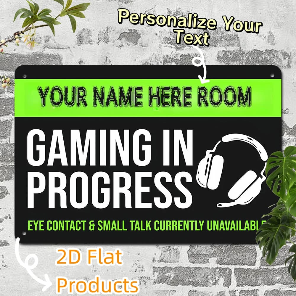 Custom Name Headset Gaming Theme Green Header Blank Editable Text Metal Sign For Game Bedroom Wall Hanging Decor
