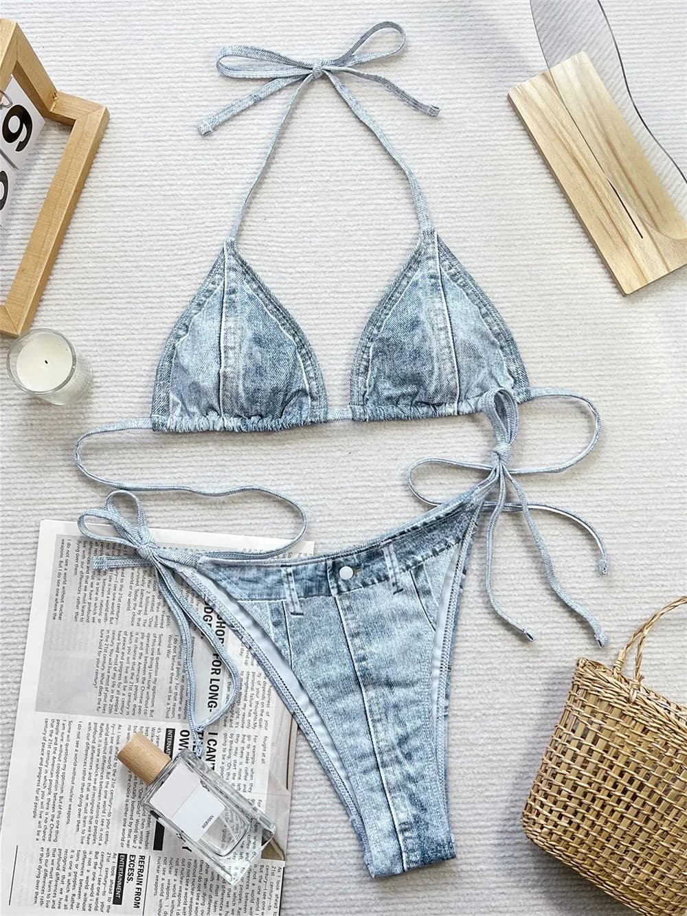 Costume da bagno bikini con stampa denim Triangolo push up String estremo Costumi da bagno senza schienale Costume da bagno da spiaggia per donna Completo da vacanza Set sexy
