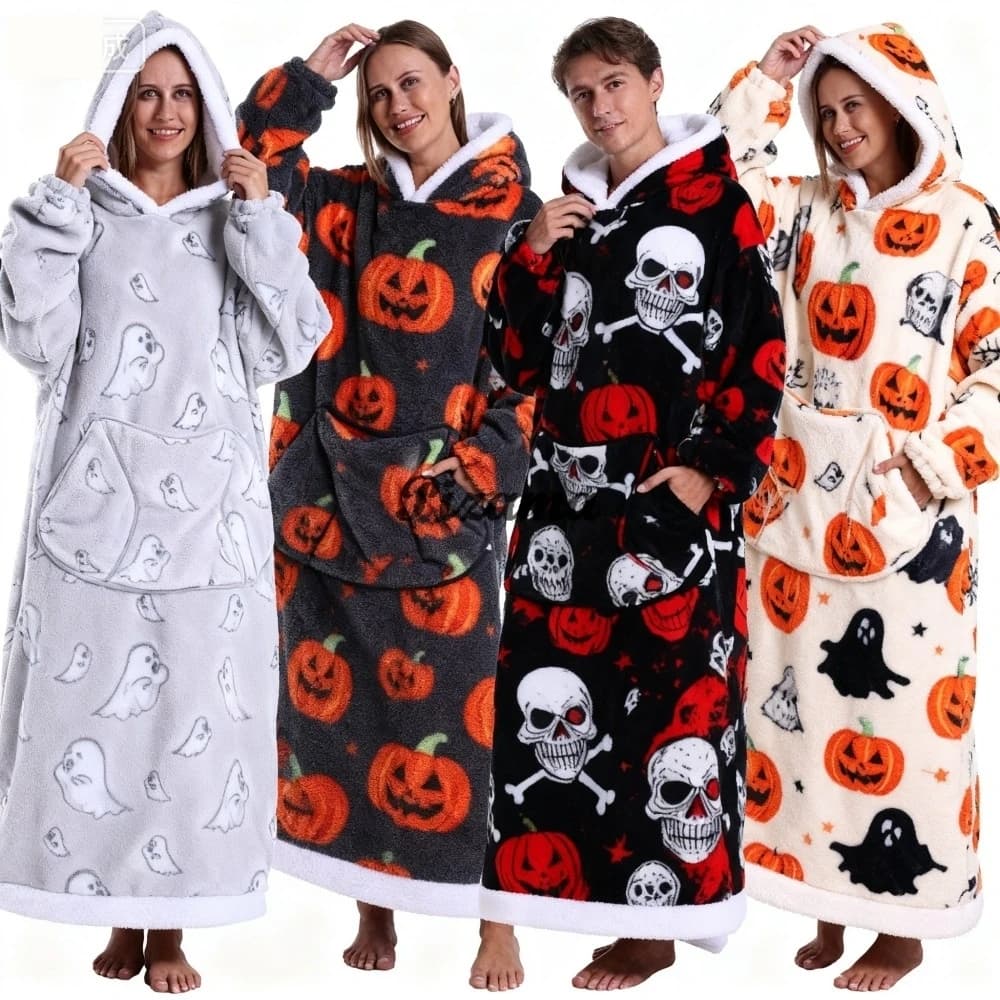 Halloween Winter Warm One Piece Night Dress Cover TV with Hood Flannel Night Dress Adult Bathrobe Skull Pumpkin Man Night Wear