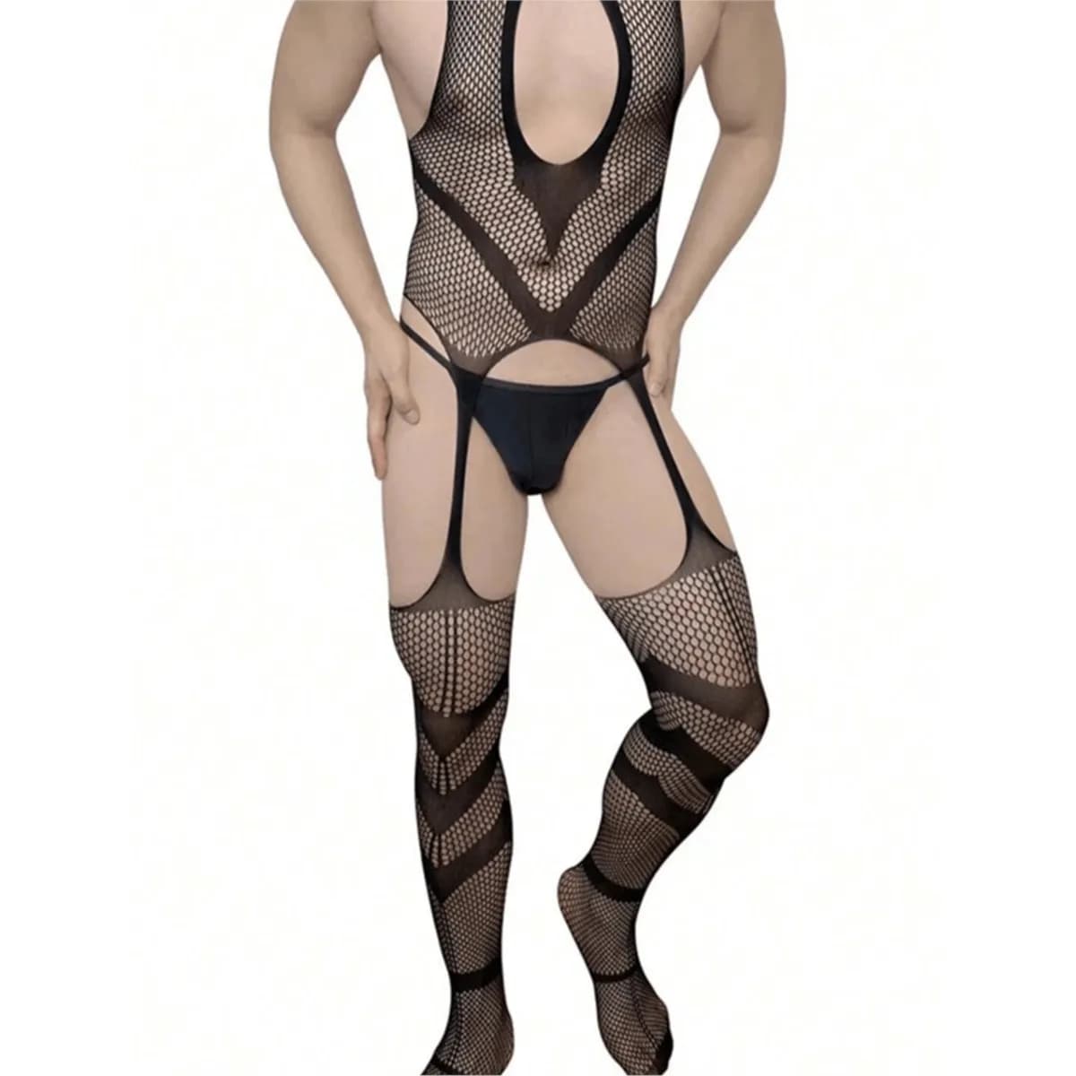 Tuta lingerie sexy e divertente taglie forti con rete attillata con apertura sul cavallo da uomo scava fuori rete da pesca tuta intera calzini Sissy