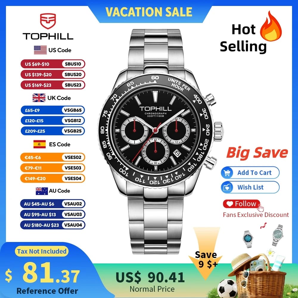 TOPHILL 41mm VD53 Men’s Chronograph Quartz Watch Sport Wristwatch Panda Dial Aluminum Bezel 100M Tachymeter C3 Luminous TD013G