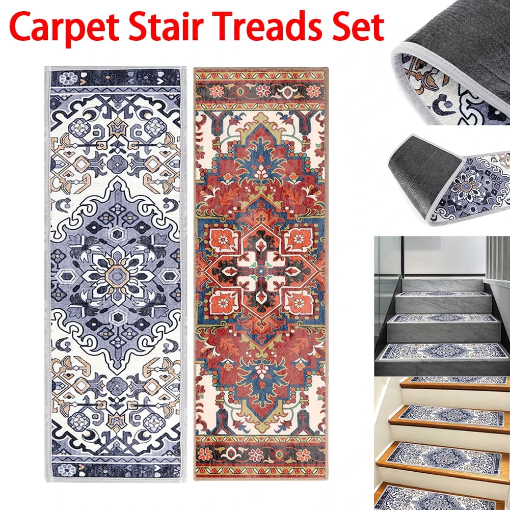 15PCS Carpet Stair Treads Set Self-adhesive Backing Non Slip Rug Tread Reusable Indoor Stair Rugs Bohemian for Dogs Kids & Elder