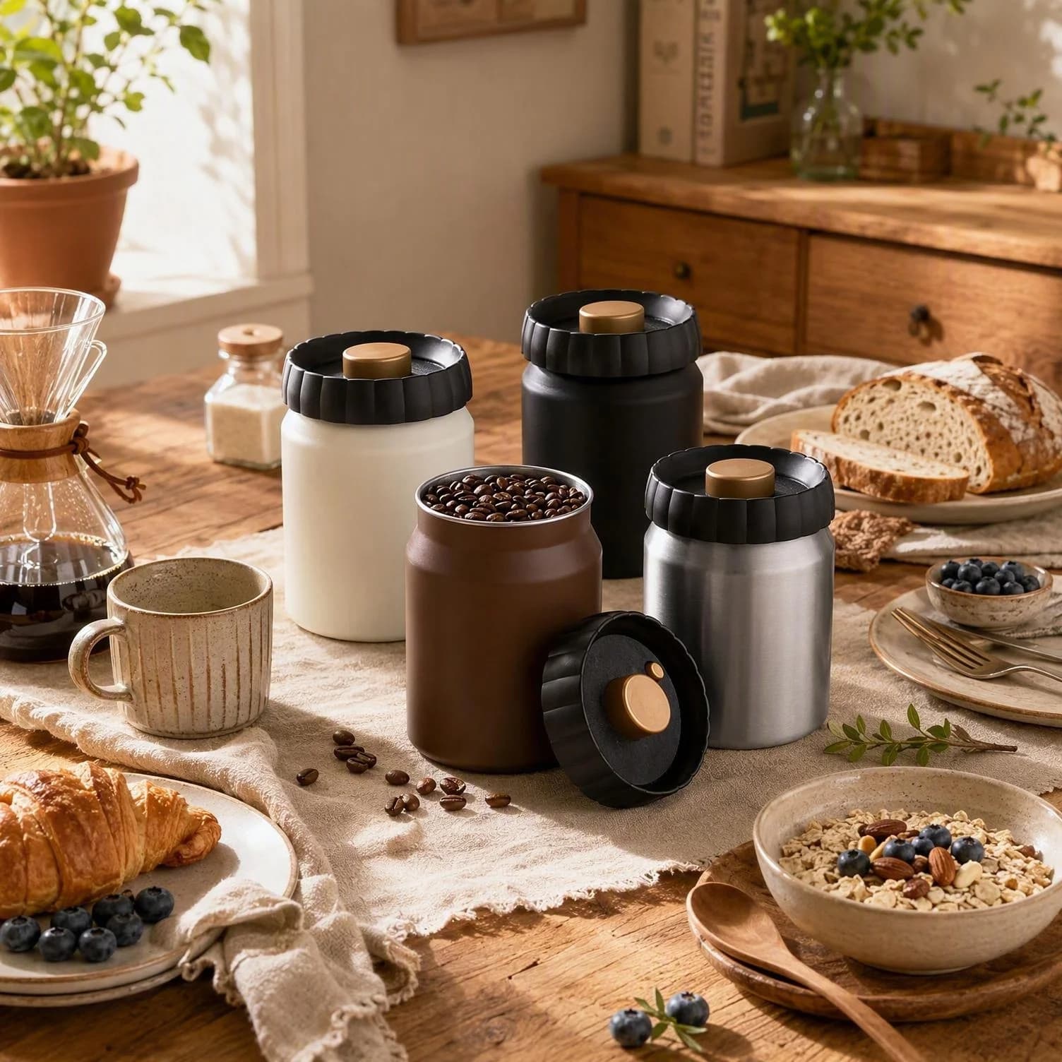 Coffee Bean Vacuum Storage Jar Stainless Steel Light-Proof Travel Organizer Camping Black Airtight Container Cafe Accessories