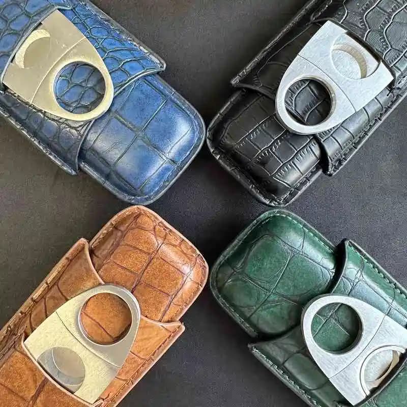 Cigar Tube 2 Slots Case with Cigar Cutter Travel portable Cigar Accessories Leather Humidor 917
