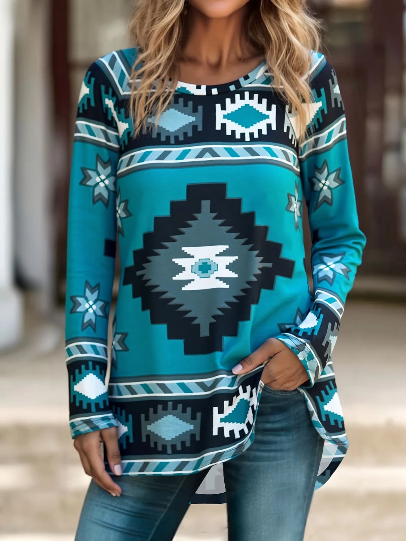 Women's Aztec Geometric Print Top Teal Tribal Long Sleeve Crew Neck T Shirt