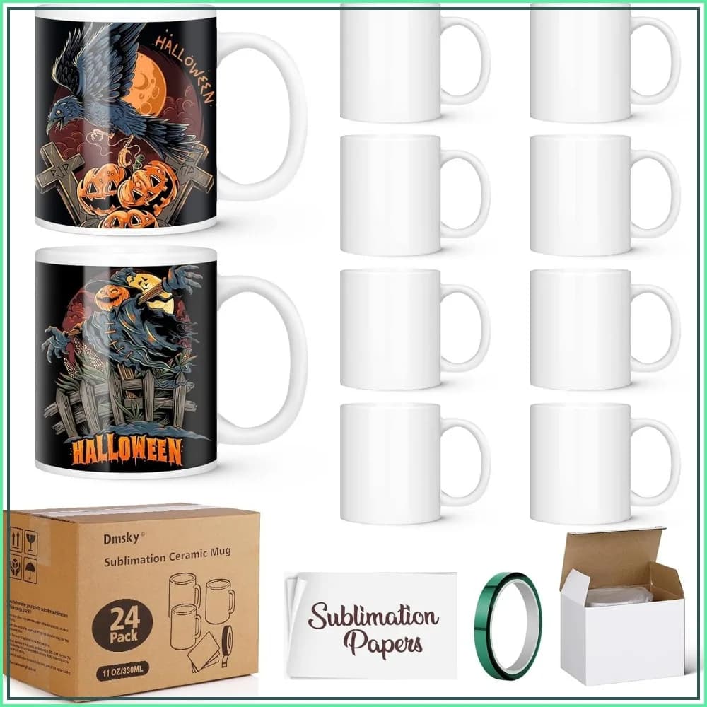 11 oz White Ceramic Sublimation Mugs Bulk Set of 24 with Heat Tape & Paper