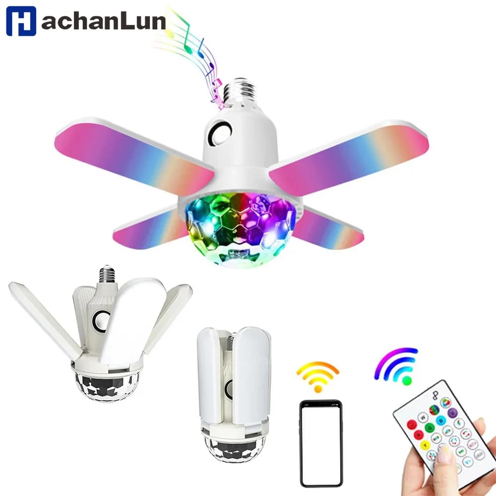E27 Lampadina a LED Ventilatore Lampada musicale a quattro foglie Altoparlante Bluetooth Lampadina a LED pieghevole Plafoniera con telecomando