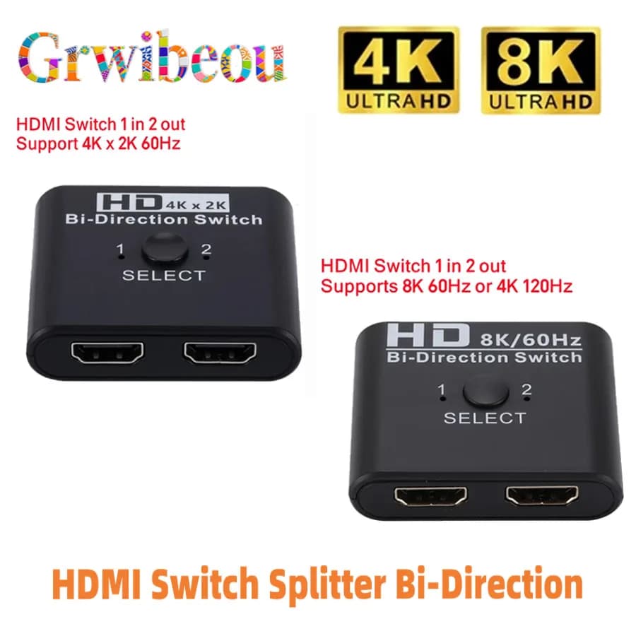 Splitter compatible HDMI 8K 60Hz Bi-Direction 4K 60Hz HDMI Switcher 1x2/2x1 for Xbox PS3/4 laptop PC to monitor the projector