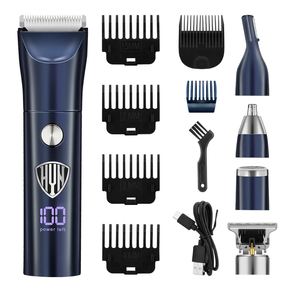 Kit di Taglio e Cura Personale 5-in-1 HIENA per Uomo, Regolabarba Elettrico con Display LED, Ricaricabile USB con Pettini Guida Multipli