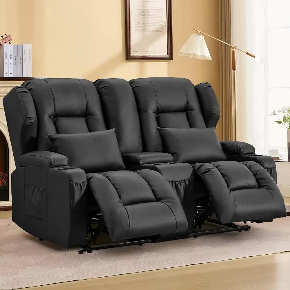 Divano Reclinabile a Due Posti con Vano Portaoggetti, Tasche Laterali, Portabicchieri e Cuscini di Supporto Lombare, Reclinazione Manuale (Nero)