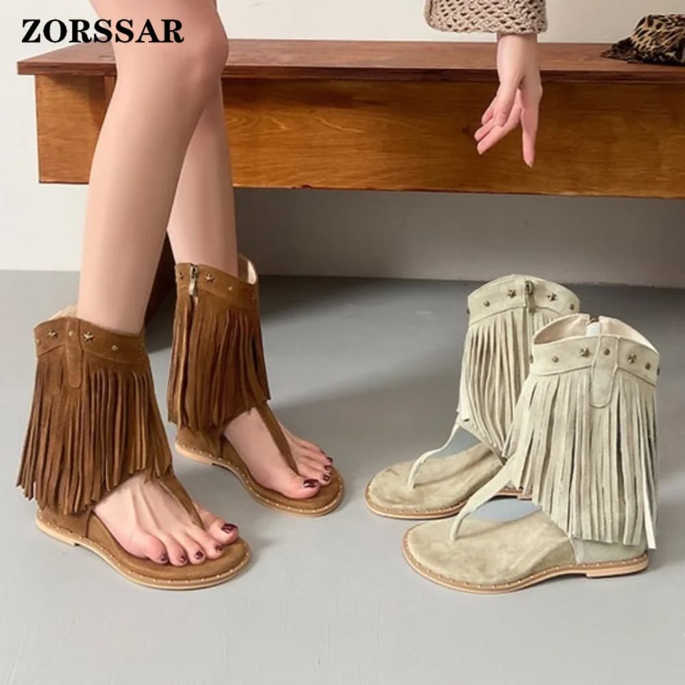 Women's Fringe Decor Studded Thong Toe Wedge Sandal Boots, Mid Calf Gladiator Platform Shoes, Casual Summer Footwear for Ladies